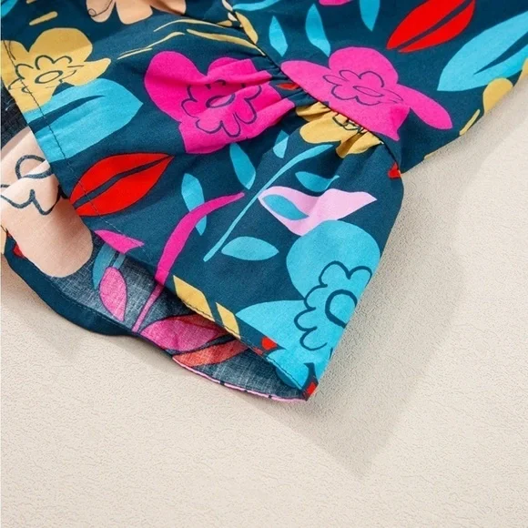 NWT! Green Floral Print Puff Sleeve Ruffled Mini Dress boho retro layered SZ S - Picture 8 of 15